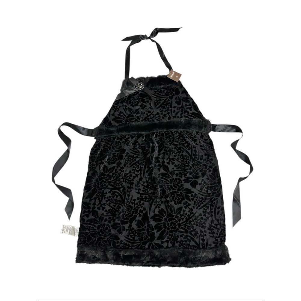 Pier 1 Imports Black Burnout Velvet Faux Fur Hostess Apron Holidays Goth NWT
